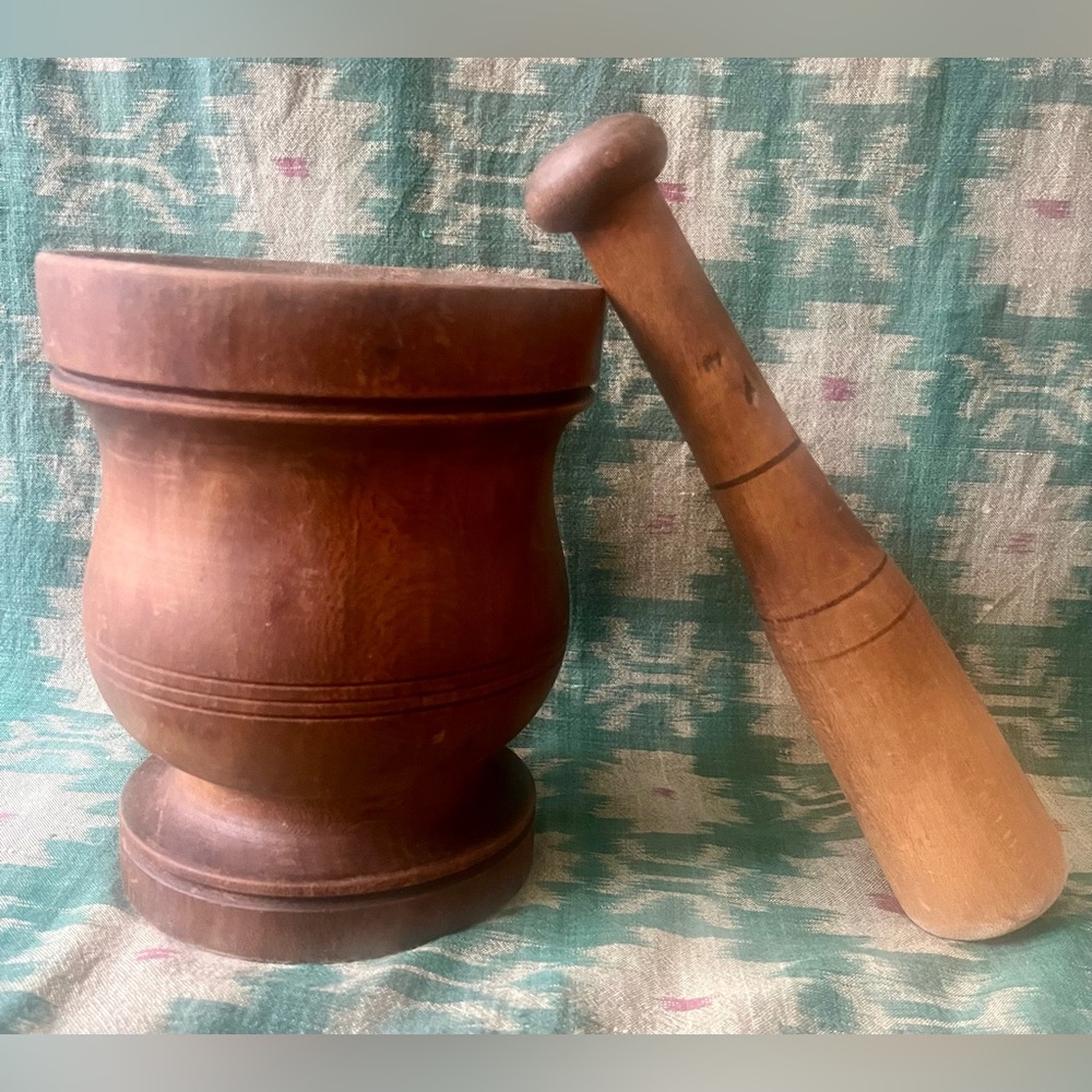 Primitive Antique Wooden Mortar & Pestle Rustic Farmhouse Decor Patina